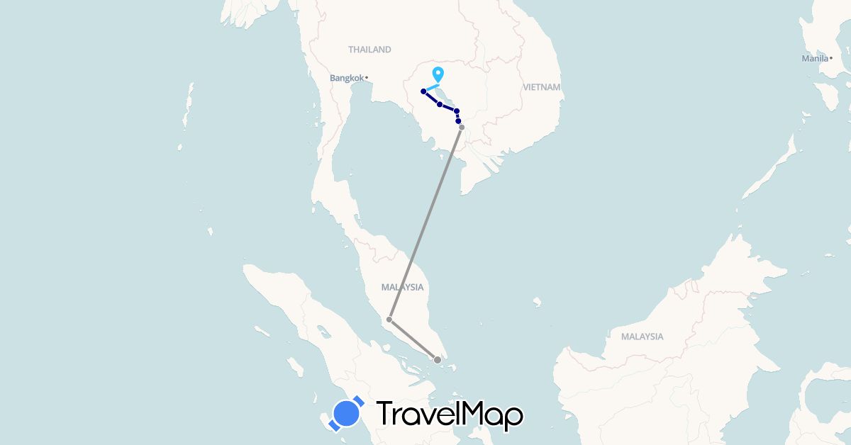 TravelMap itinerary: driving, plane, boat in Cambodia, Malaysia, Singapore (Asia)